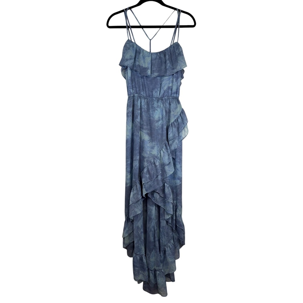 Ecote Blue Grey Abstract Snake Print Ruffle High Low Maxi Dress Small